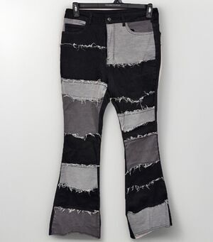Y2K Patchwork Flare Jeans High Waist Bell Bottoms Size L Boho Retro Stretch